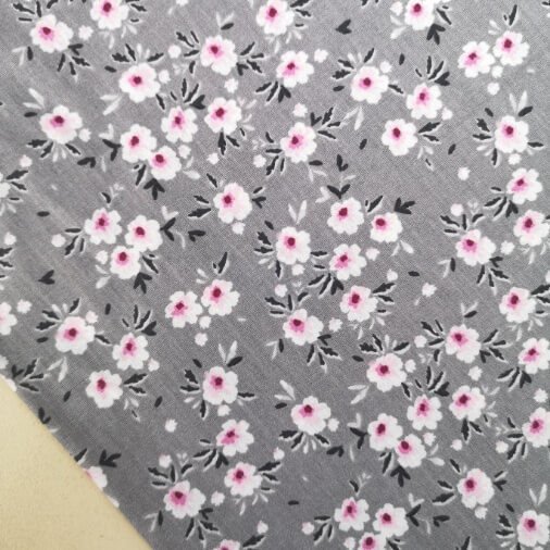 Renkli Papatyalar Poplin Kumaş Gri