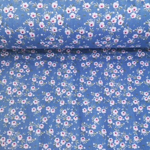 Renkli Papatyalar Poplin Kumaş İndigo