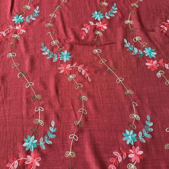 Bordo Nakışlı Melanj Keten